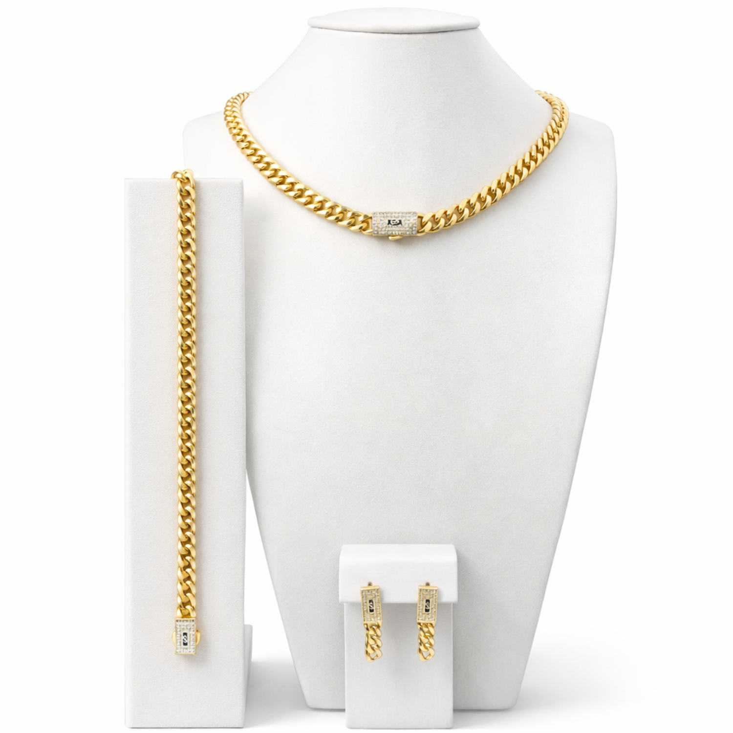Set Lant, Bratara si Cercei Cuban Monaco Placat cu Aur 18K, 6mm