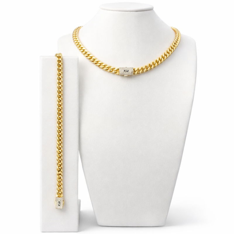 Set Lant si Bratara Cuban Monaco Placat cu Aur 18K, 6mm