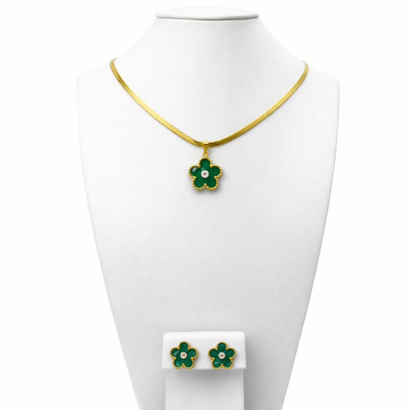 Set Lant si Cercei Trifoi Verde Reglabil Placat cu Aur 18K