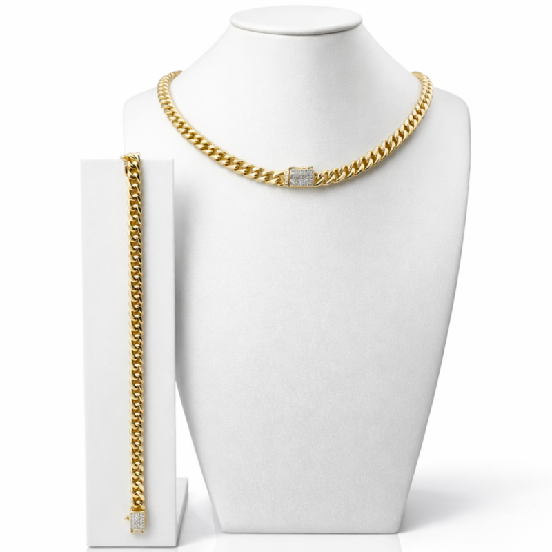 Set Lant si Bratara Cuban Placat cu Aur 18K, 6mm