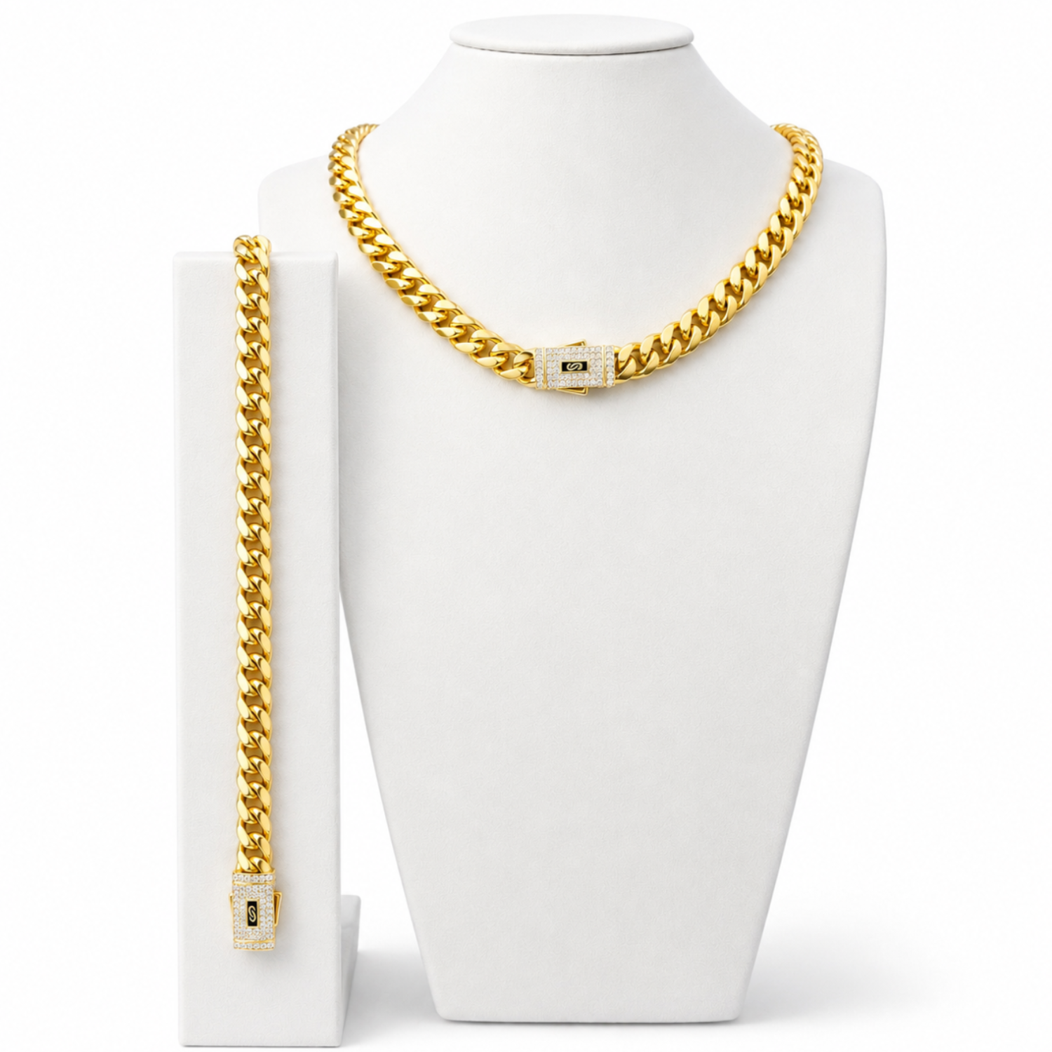 Set Lant si Bratara Cuban Monaco Placat cu Aur 18K, 8mm